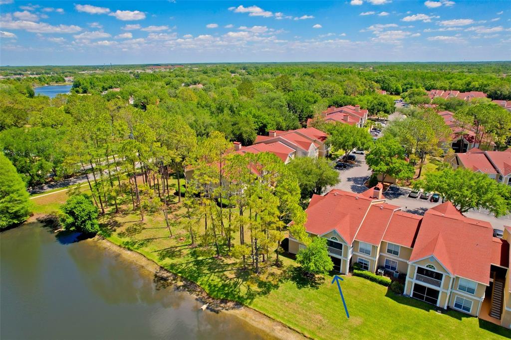An aerial view shows a multi-story apartment building with red roofs next to a lake — 9481 HIGHLAND OAK DRIVE UNIT 1112, TAMPA, FL