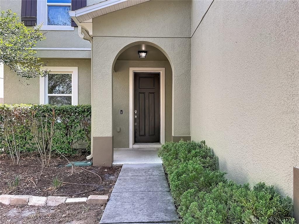 A concrete walkway leads to a dark front door recessed under an arched entryway — 1113 CANYON OAKS DRIVE, BRANDON, FL