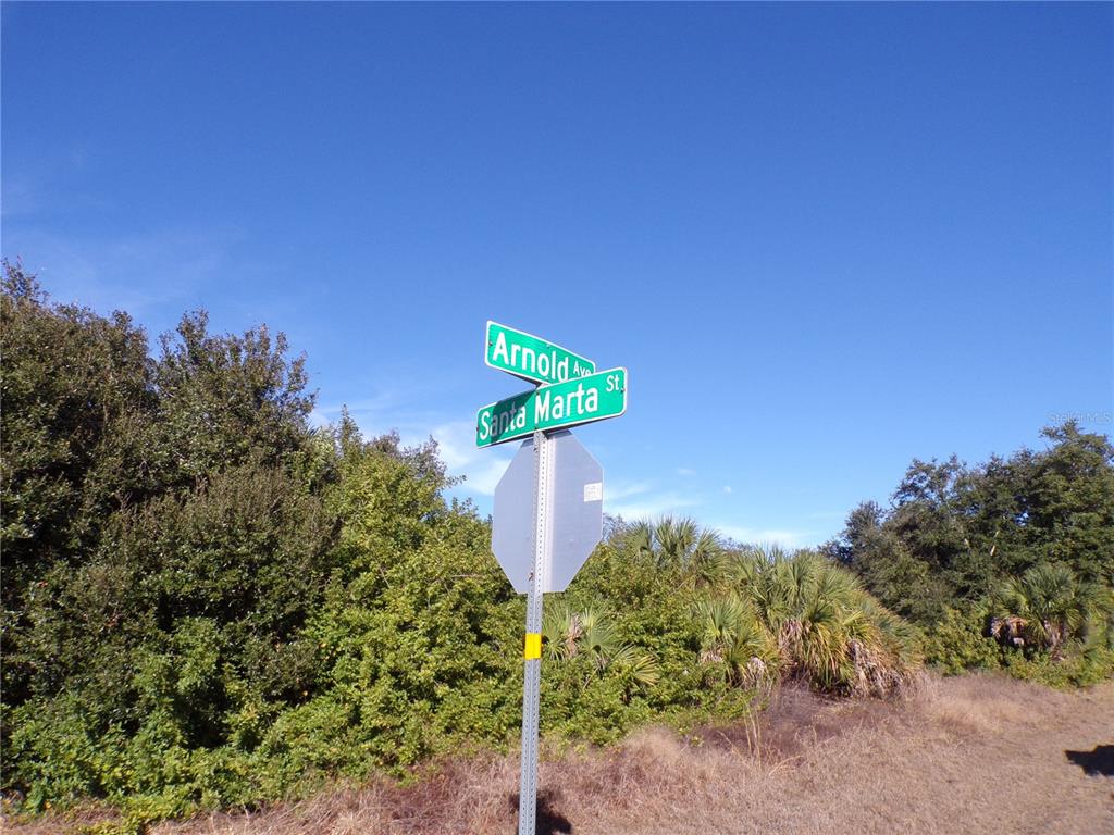 A street sign for Arnold Avenue and Santa Marta Street stands before a wooded area — 20019 ARNOLD AVENUE, PORT CHARLOTTE, FL