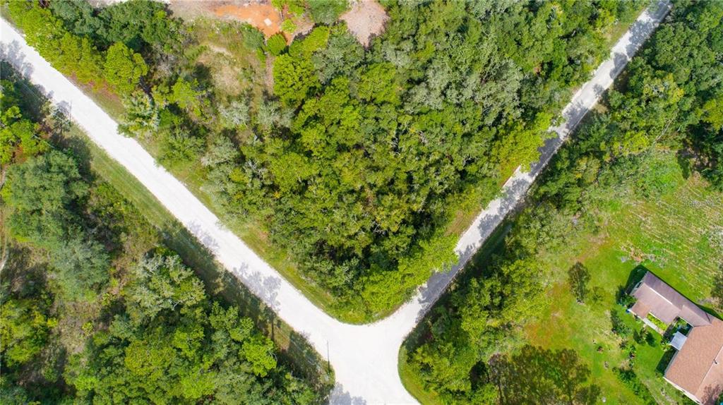 An aerial view shows a wooded corner lot bordered by two intersecting dirt roads — 7431 BITTERNUT AVENUE, WEBSTER, FL
