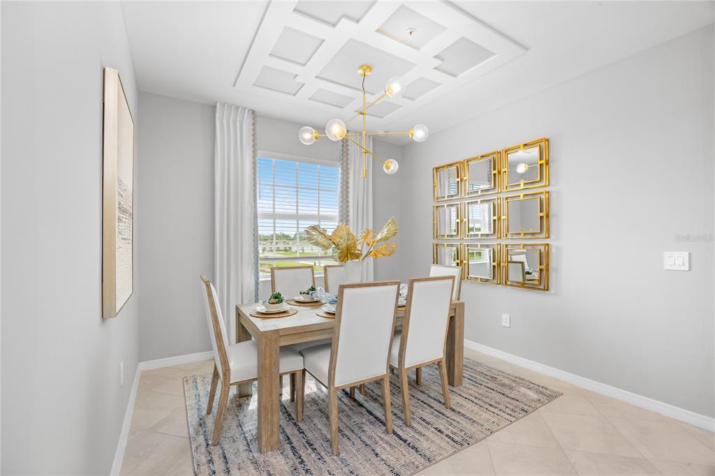 A dining room features a wooden table, six chairs, a chandelier, and a grid mirror — 13001 PINK SAND COURT UNIT 203, VENICE, FL