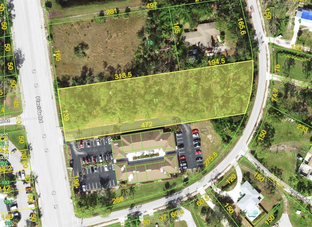 This is an aerial map showing a highlighted parcel of land next to a road — 1781 PLACIDA ROAD, ENGLEWOOD, FL