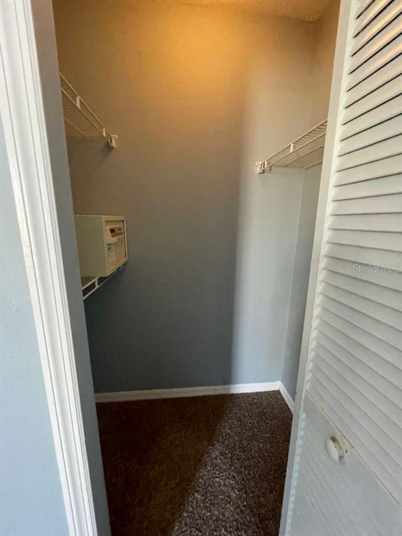 A small closet with carpeted flooring, wire shelving, and a wall-mounted safe — 241 CARIBBEAN DRIVE Front Unit, DAVENPORT, FL