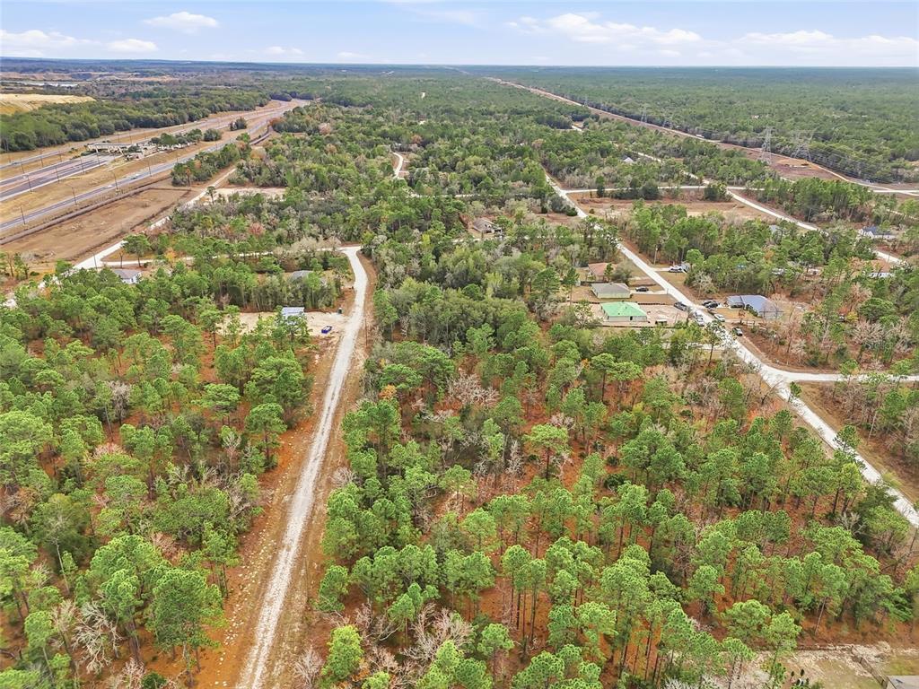 An aerial view shows a wooded residential area with dirt roads and a nearby highway — CAYMAN ROAD, WEEKI WACHEE, FL