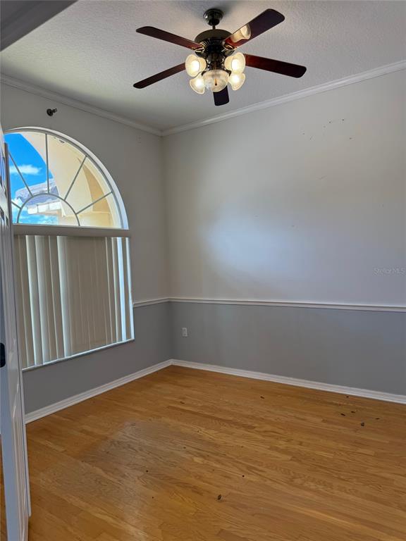 An empty room features hardwood floors, a ceiling fan, and a large arched window — 3373 CRESCENT OAKS BOULEVARD, TARPON SPRINGS, FL