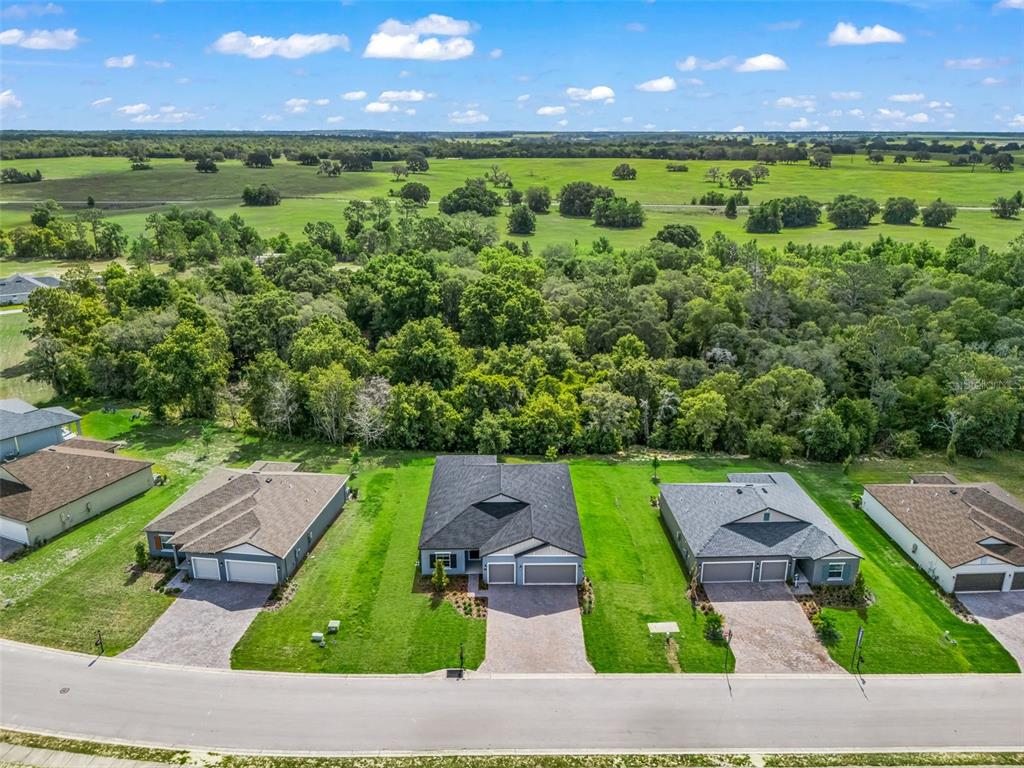 An aerial view shows three suburban houses with driveways facing a curved street and trees — 6510 SW 180TH CIRCLE, DUNNELLON, FL