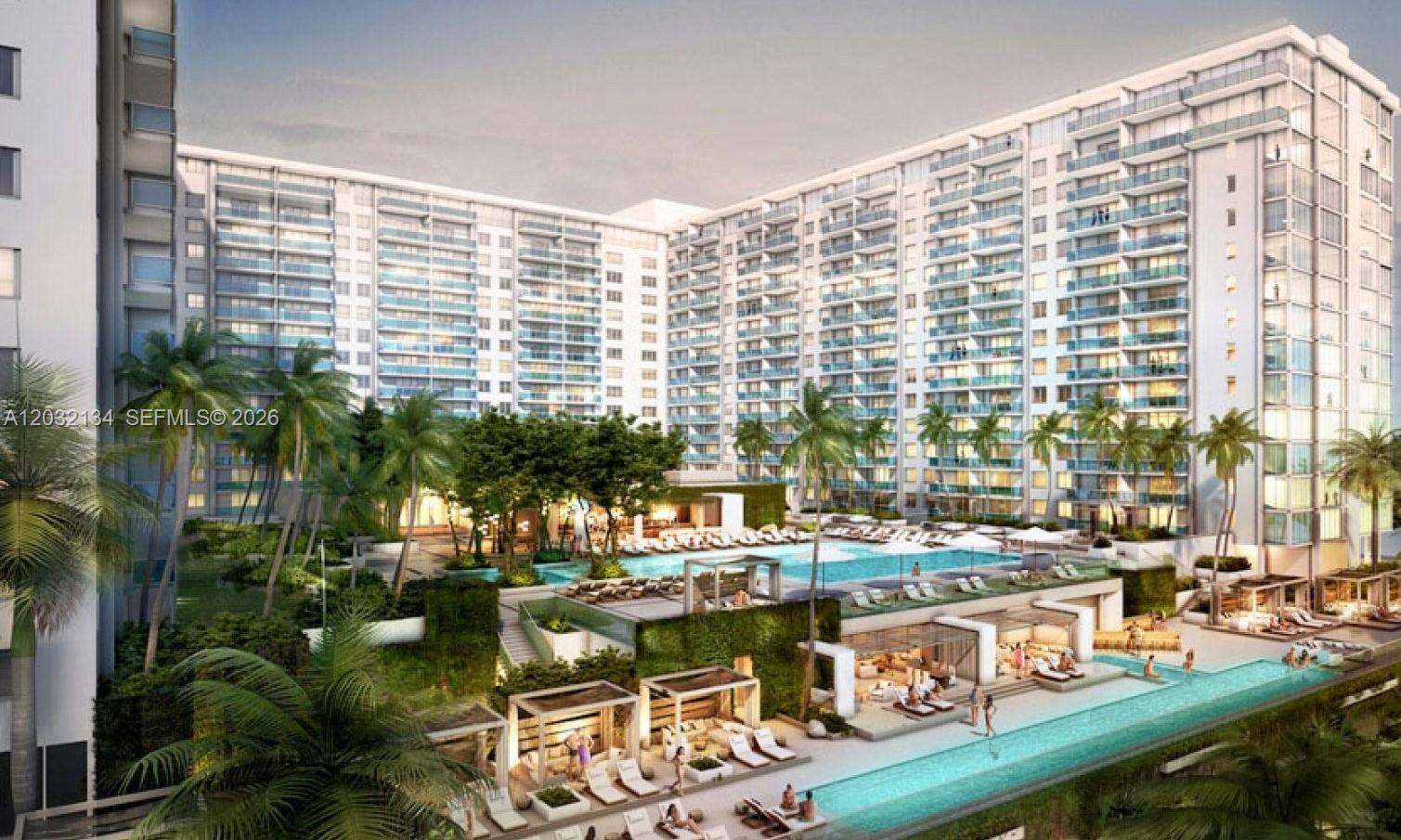 This rendering shows a large apartment complex with a multi-level pool deck and palm trees — 2301 Collins Ave # 843, Miami Beach FL 33139, MIAMI BEACH, FL