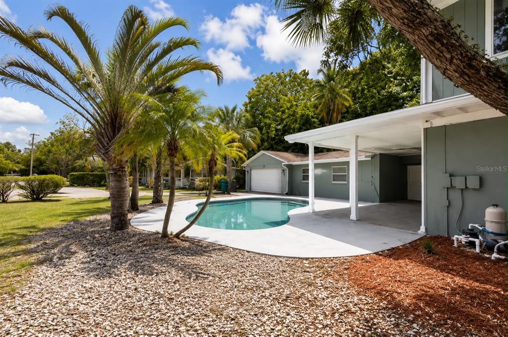 A backyard features a kidney-shaped swimming pool, a covered patio, and palm trees — 26 BACKSPIN LANE, ORLANDO, FL