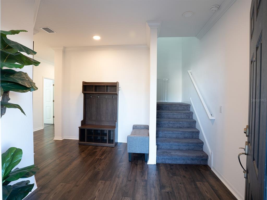 An entryway features dark wood flooring, a coat rack, a bench, and carpeted stairs — 5836 TIMBERDALE AVENUE, WESLEY CHAPEL, FL