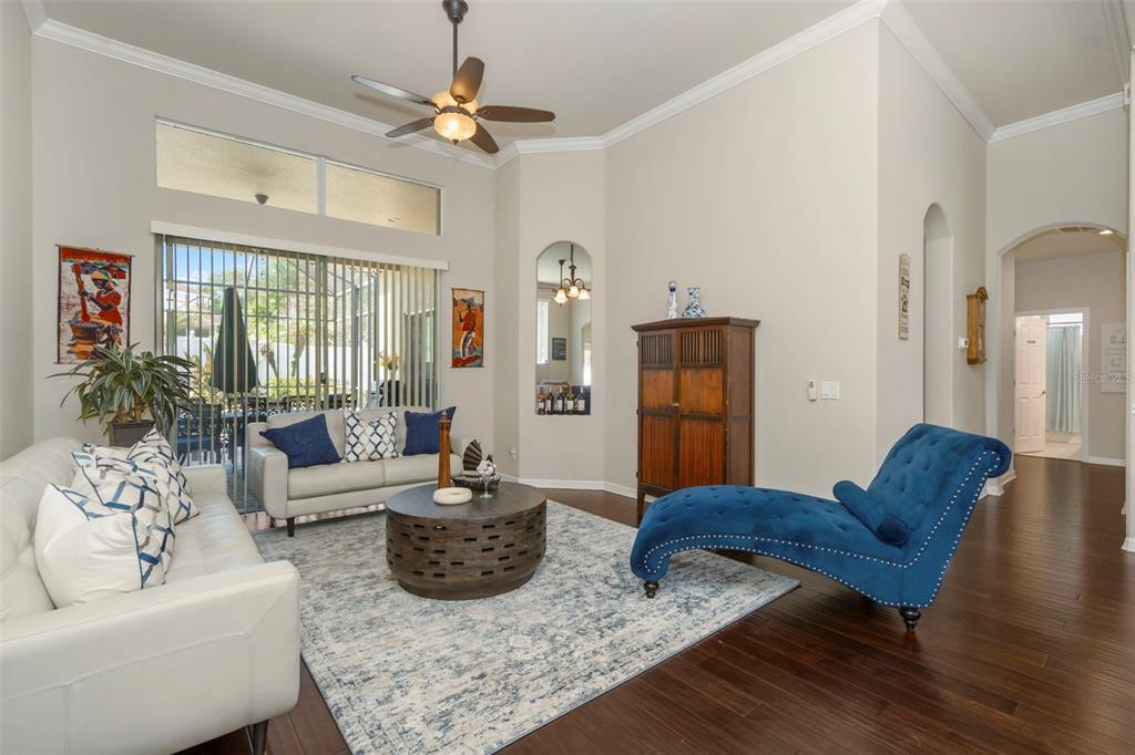 A living room with a white sofa, blue chaise lounge, and a round wooden coffee table — 2307 SILVER TRUMPET COURT, VALRICO, FL