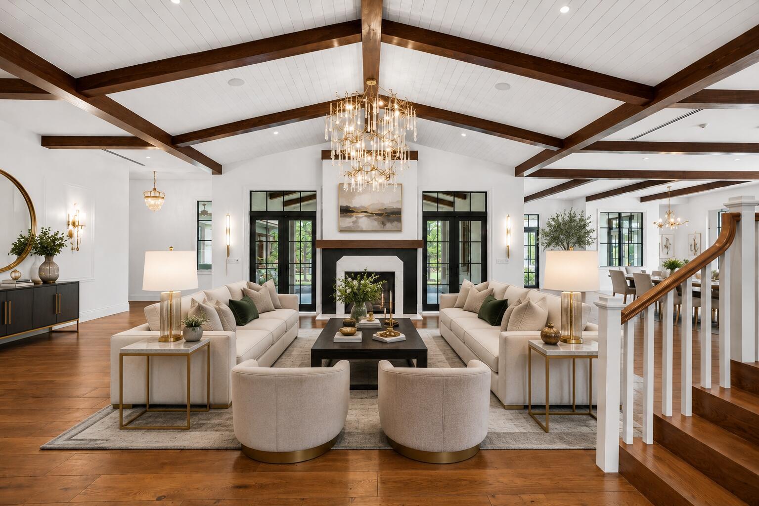 A living room with a vaulted ceiling, exposed wooden beams, a fireplace, and two sofas — 10250 El Paraiso Place, Delray Beach FL 33446, DELRAY BEACH, FL
