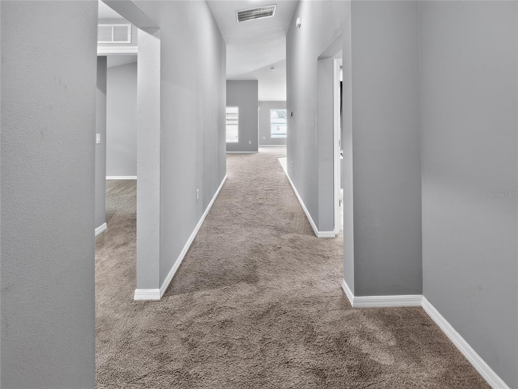 A carpeted hallway leads to an open living area with large windows and gray walls — 5936 SLATE ROCK DRIVE, LAKELAND, FL