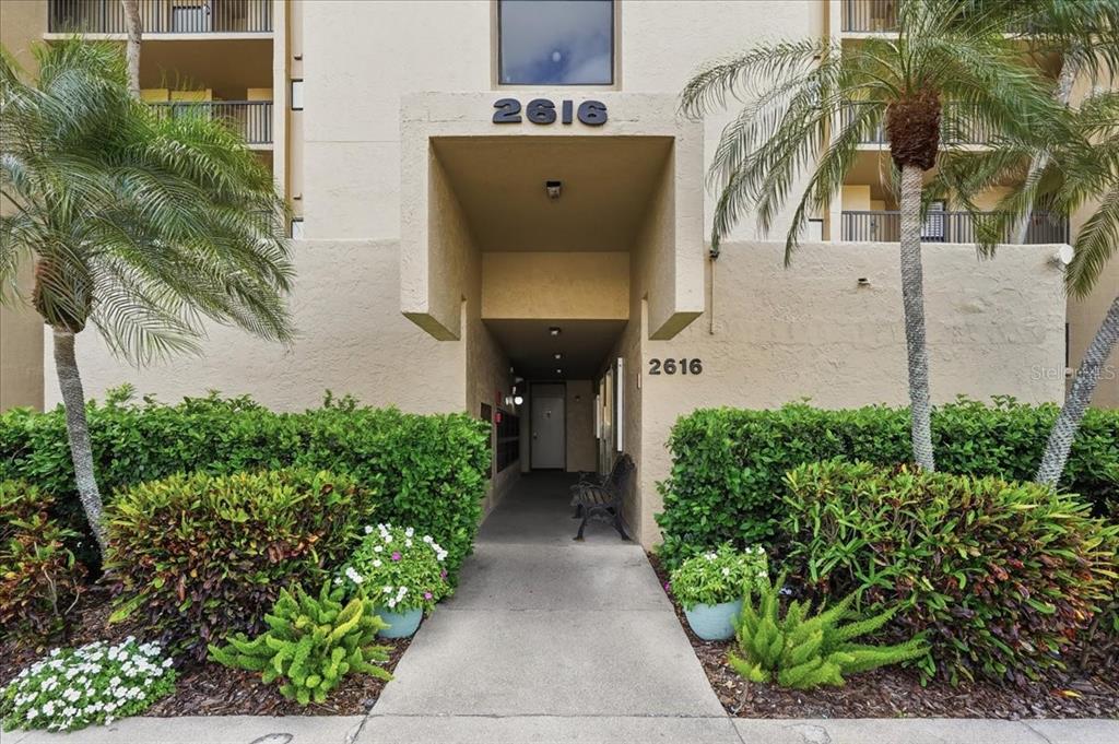 A concrete walkway leads to the covered entrance of a multi-story tan apartment building — 2616 COVE CAY DRIVE UNIT 105, CLEARWATER, FL