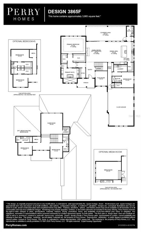 This is a floor plan for a Perry Homes house design featuring multiple bedrooms and bathrooms — 3908 BUTTE TRAIL, BRADENTON, FL