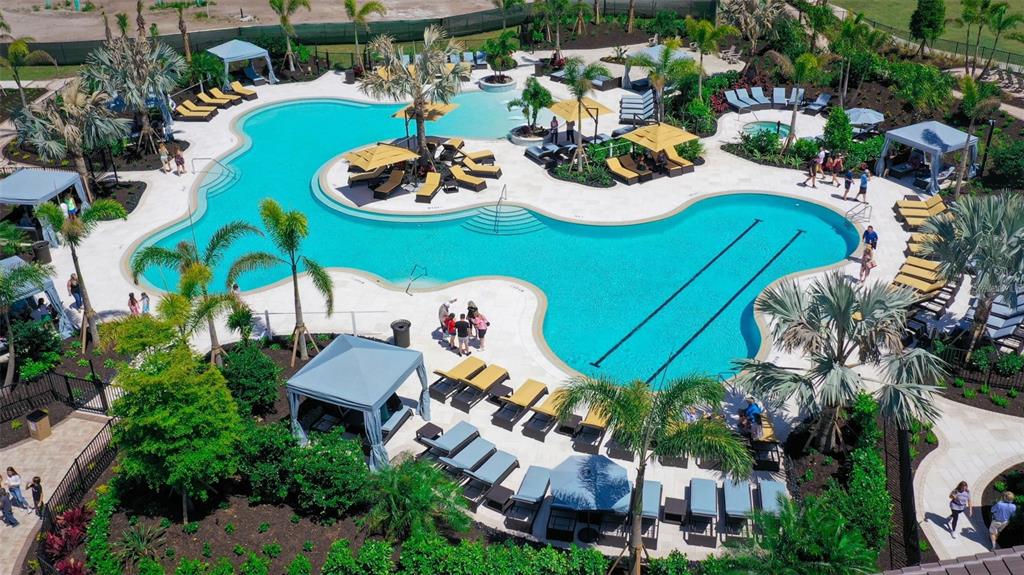 An aerial view of a resort-style swimming pool surrounded by lounge chairs and palm trees — 3908 BUTTE TRAIL, BRADENTON, FL