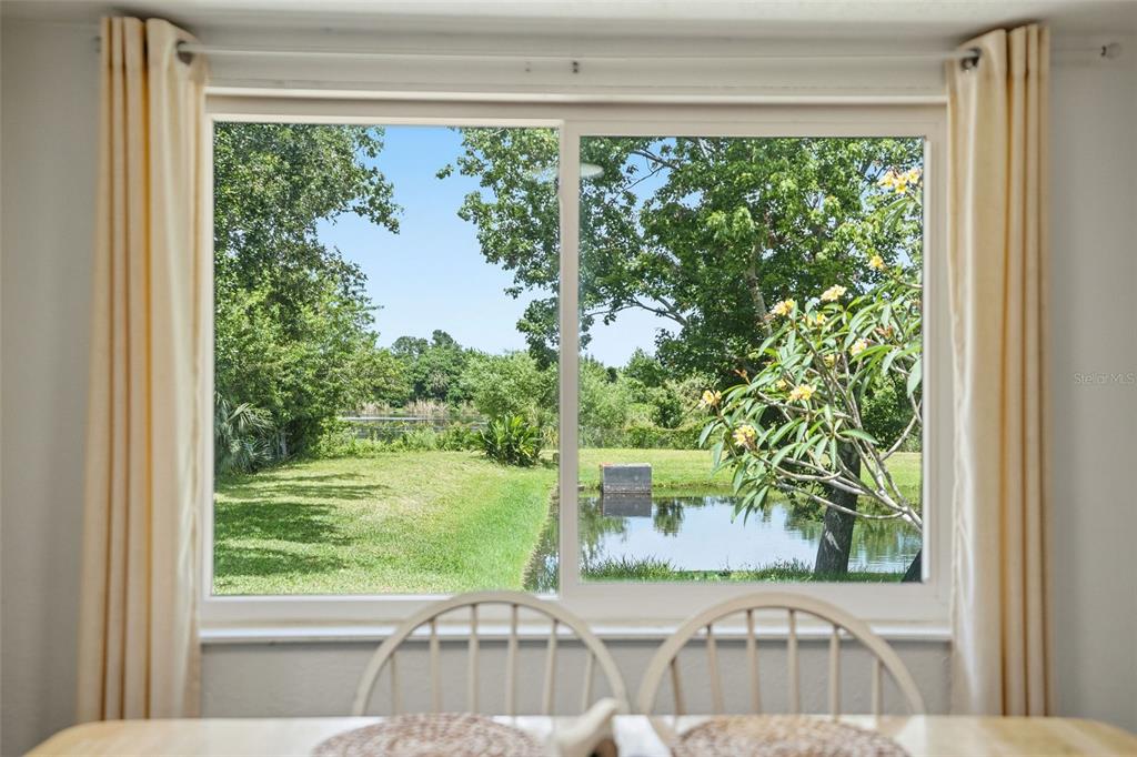 A dining room window overlooks a backyard with a small pond and lush green trees — 1130 WYATT STREET, CLEARWATER, FL