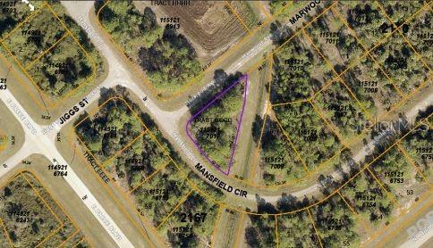 An aerial map view shows a triangular vacant lot outlined in purple at a street intersection — MANSFIELD CIRCLE, NORTH PORT, FL