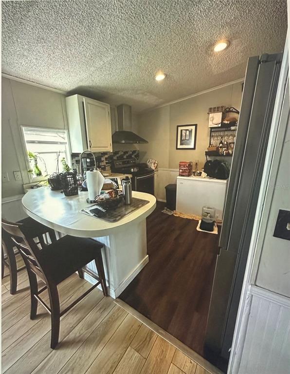A kitchen features a curved peninsula, dark wood-look flooring, and a white chest freezer — 50989 HIGHWAY 27 UNIT 210, DAVENPORT, FL