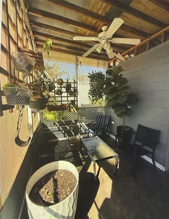 A screened-in porch features a ceiling fan, potted plants, and outdoor furniture — 50989 HIGHWAY 27 UNIT 210, DAVENPORT, FL