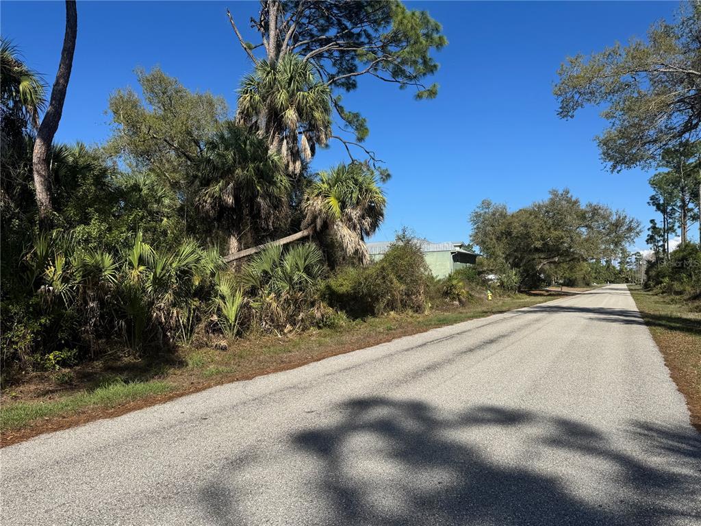 A paved road runs alongside a wooded lot with palm trees and a nearby house — 17426 BRIGHTON AVENUE, PORT CHARLOTTE, FL