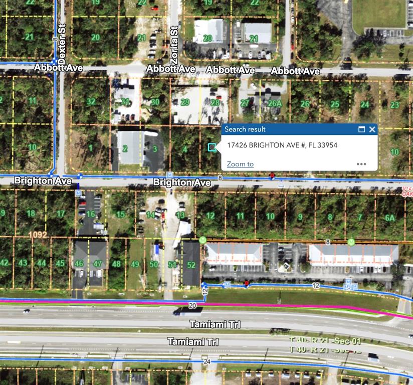 This is a satellite map view of a residential area with street labels and lot numbers — 17426 BRIGHTON AVENUE, PORT CHARLOTTE, FL