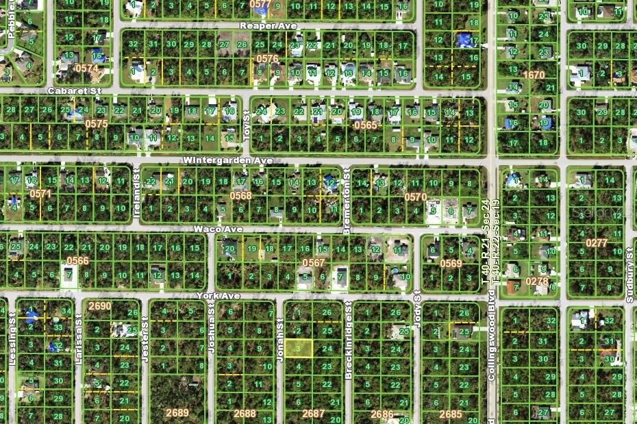 This is a map showing a residential neighborhood with numbered land parcels and street names — 3088 JONAH STREET, PORT CHARLOTTE, FL