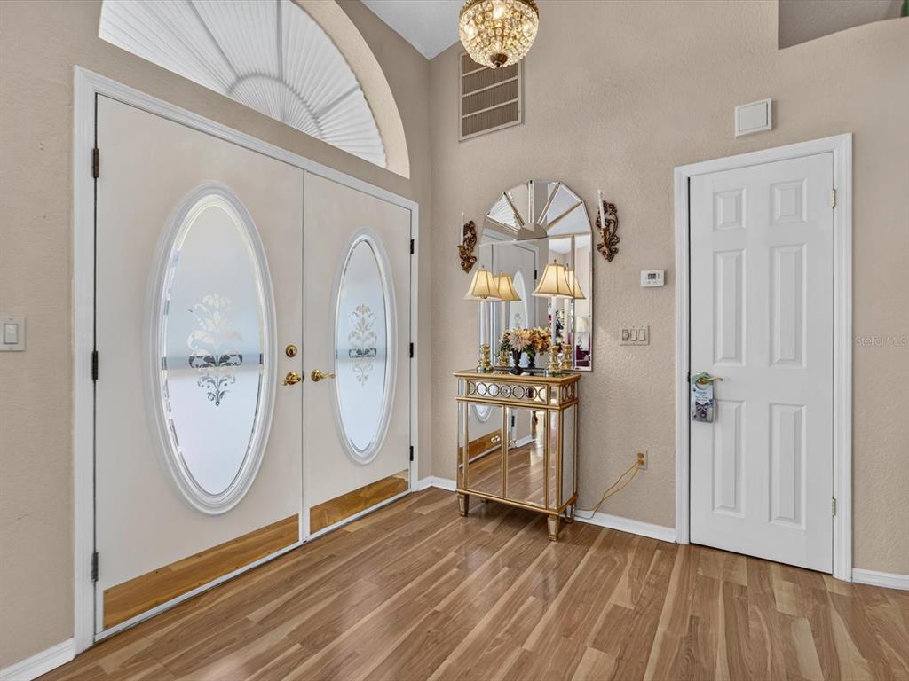 An entryway features double front doors, a mirrored console table, and light wood flooring — 1197 MUSCOVY DR, SPRING HILL, FL