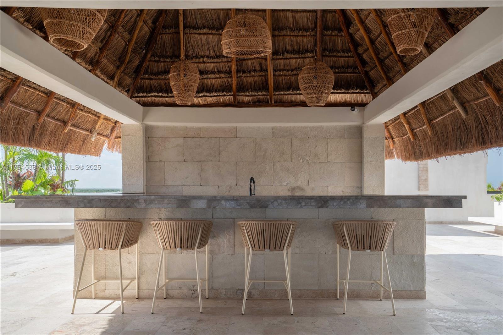An outdoor bar area features a thatched roof, stone walls, and four modern bar stools — 1 Ave del Parque # 25, TX 77760, TX
