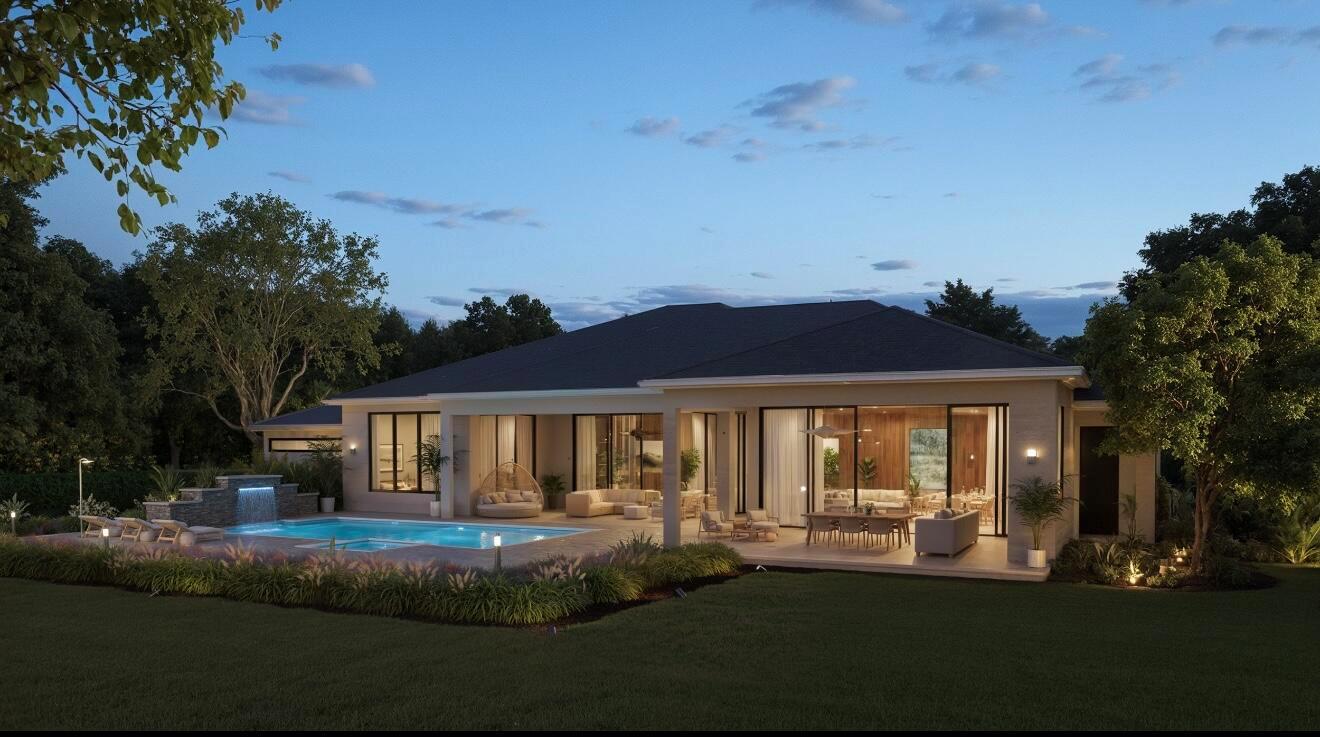 This architectural rendering shows a modern house exterior with a swimming pool and covered patio — 9900 Winding Rdg Lane, Davie FL 33324, DAVIE, FL