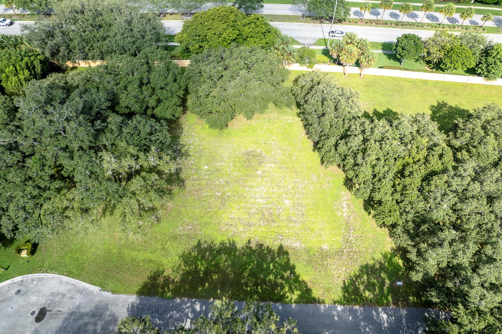 An aerial view shows a vacant, grassy residential lot surrounded by mature trees — 9900 Winding Rdg Lane, Davie FL 33324, DAVIE, FL