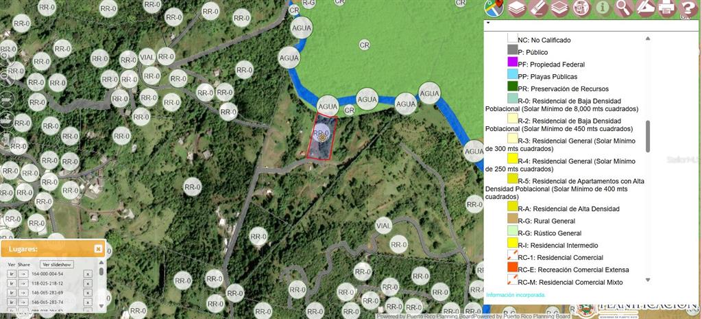 This is a zoning map showing a highlighted property parcel surrounded by rural residential areas — Bo. Carruzo SECTOR LAS FLORES, CAROLINA, PR