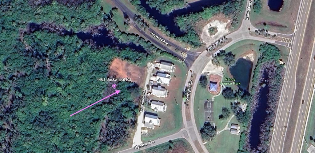 This is an aerial map view showing a wooded lot next to a residential street — 4461 BUCKWHEAT ROAD, PORT CHARLOTTE, FL