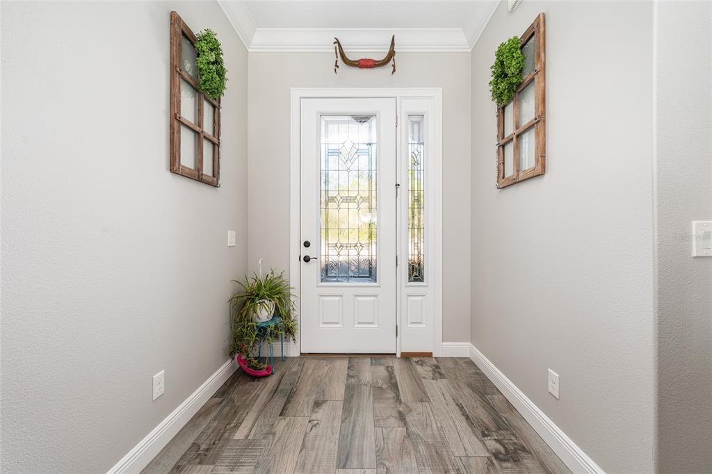 An entryway features wood-look tile flooring, a white front door with glass, and wall decor — 8855 SW 129TH TERRACE ROAD, DUNNELLON, FL