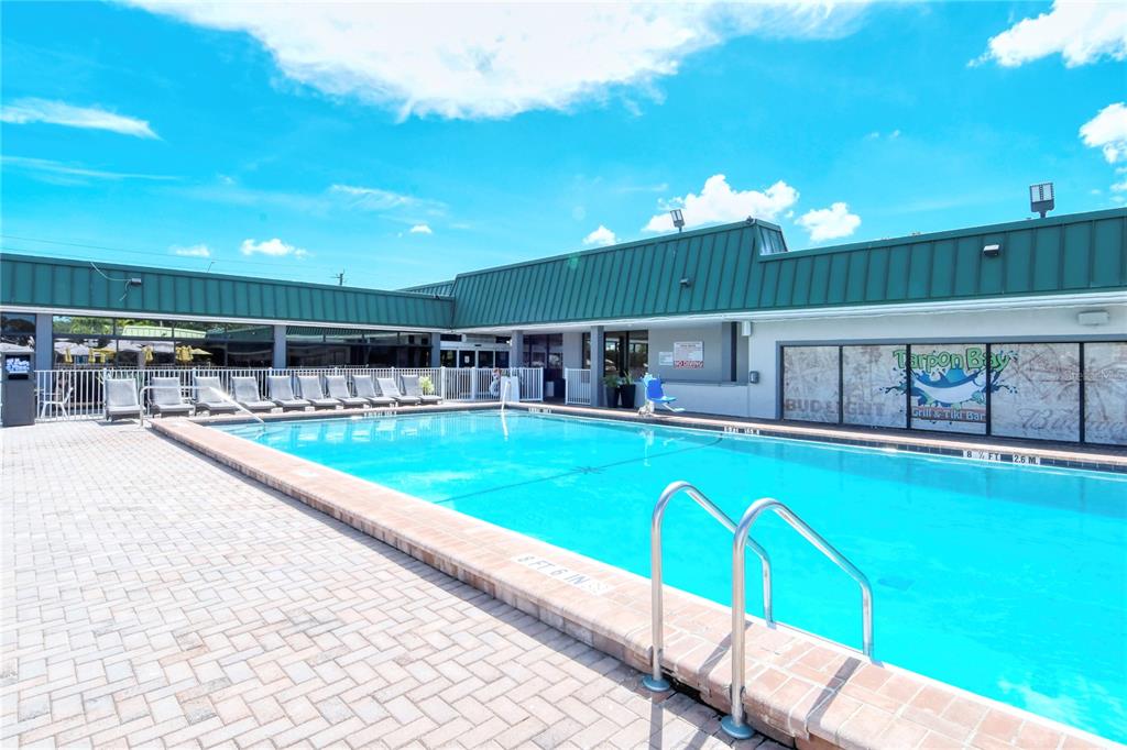 An outdoor swimming pool with a metal ladder sits on a paved patio by a building — 7150 N TAMIAMI TRAIL UNIT S-600, SARASOTA, FL
