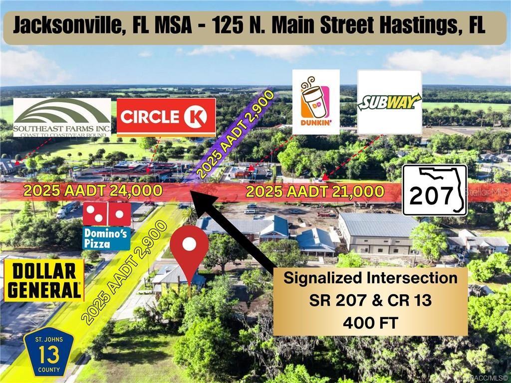 This is an aerial map showing a commercial property location with traffic volume data — 125 N MAIN STREET, HASTINGS, FL