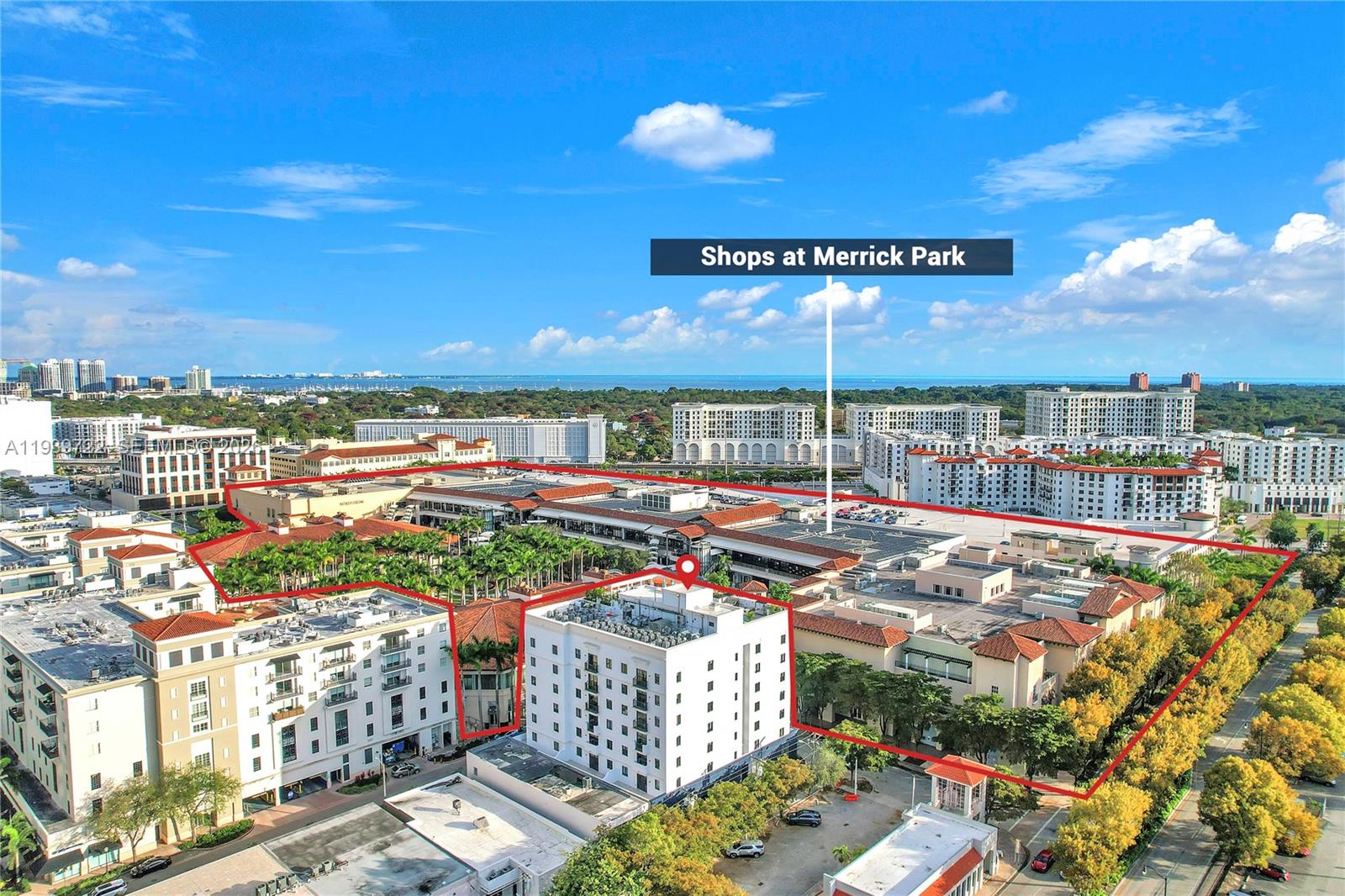 An aerial view shows the Shops at Merrick Park outlined in red against a cityscape — 4220 Laguna St # 505, Coral Gables FL 33146, CORAL GABLES, FL