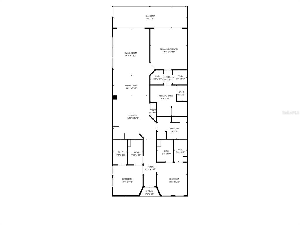 This is a floor plan showing a multi-bedroom apartment layout with a balcony and porch — 17735 GULF BOULEVARD UNIT 501, REDINGTON SHORES, FL