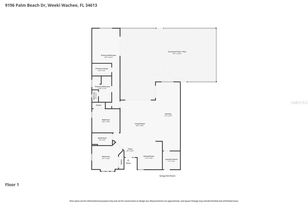 This is a floor plan for a single-story house with a screened patio and pool — 9196 PALM BEACH DRIVE, BROOKSVILLE, FL