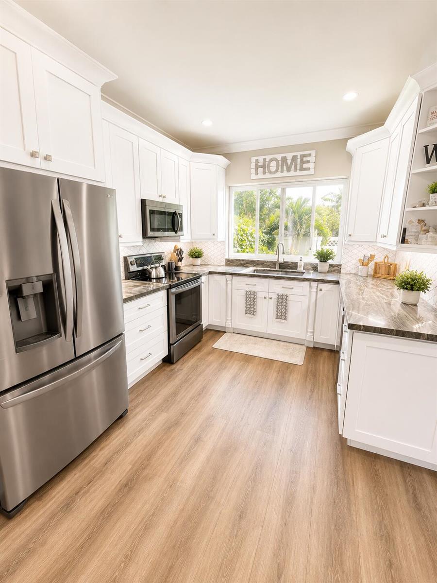 A bright kitchen features white cabinets, stainless steel appliances, dark countertops, and light wood flooring — 2305 Florida Boulevard # 2305, Delray Beach FL 33483, DELRAY BEACH, FL