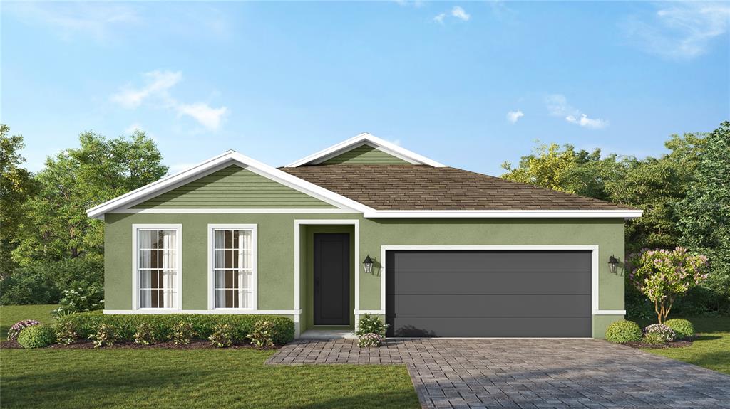 This is a digital rendering of a single-story house with a green exterior and garage — 4300 DARBY COURT, EUSTIS, FL
