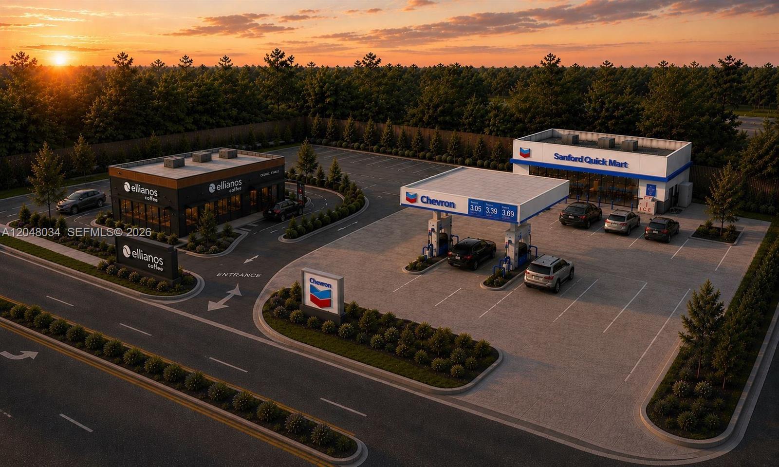 This is a rendering of a Chevron gas station and an Ellianos coffee shop — 750 W Mary Lake Blvd, FL 32773, FL