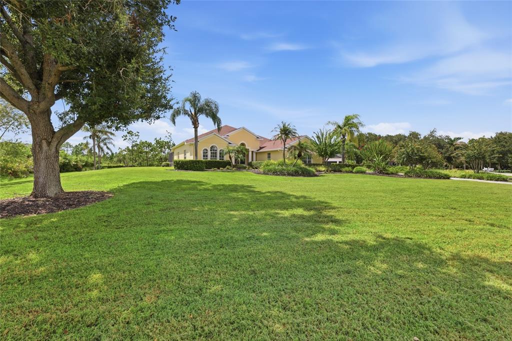 A yellow single-story house sits on a large grassy lawn with several palm trees — 23327 RED ROBIN PLACE, BRADENTON, FL