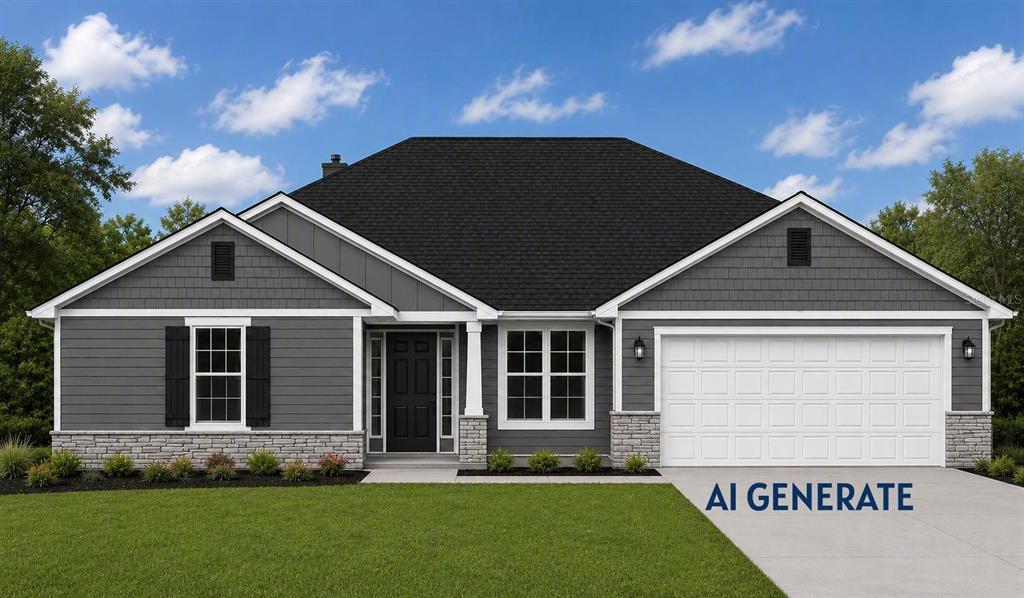 A digital rendering of a single-story house with gray siding, stone accents, and a two-car garage — 133 SW BELLFLOWER DRIVE, LAKE CITY, FL