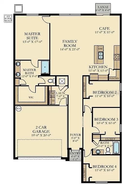 This is a floor plan for a single-story home featuring four bedrooms and a garage — 1307 OAK CREST STREET, DAVENPORT, FL