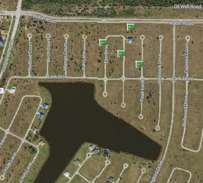 This is an aerial map showing a residential neighborhood with several vacant lots and a lake — 6 ELM DRIVE, PLACIDA, FL