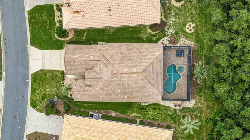An aerial view shows a house with a tiled roof, a screened pool, and a yard — 155 W DOERR PATH, HERNANDO, FL