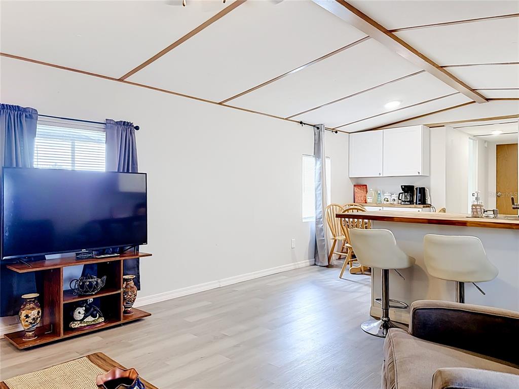 A living room with light wood flooring, a television stand, and a kitchen breakfast bar — 1400 NW 12TH LANE, LAKE PANASOFFKEE, FL