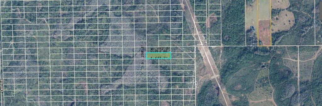 An aerial map view shows a highlighted rectangular plot of land surrounded by wooded acreage — DILL ROAD, ORLANDO, FL