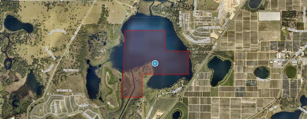 This aerial map shows a red-outlined parcel of land situated over a lake — SR-19, GROVELAND, FL