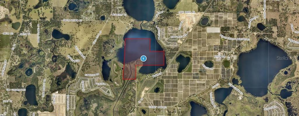An aerial map view shows a parcel of land outlined in red near several lakes — SR-19, GROVELAND, FL